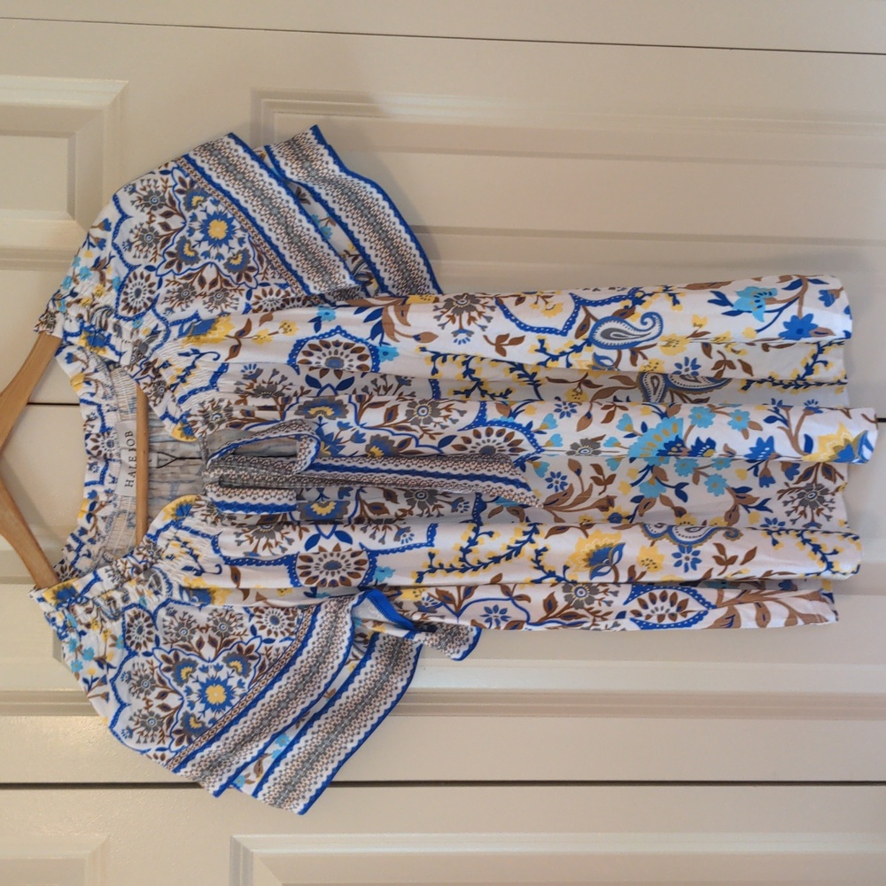 Hale Bob White Boho Floral Tie-Neck Blouse with Blue and Yellow Accents